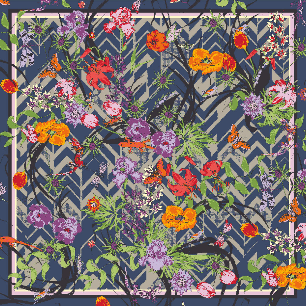 Living Garden Zigzagged tørklæde. 100% silke. Blå, sand, grøn, rød, orange. Bella Ballou